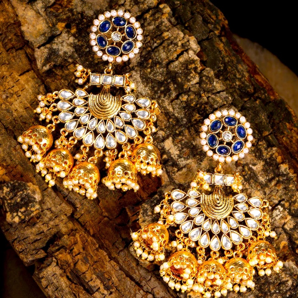 Indian Pakistani Afghani Boho Ethnic Drop kundan blue Earrings Jhumka 💕